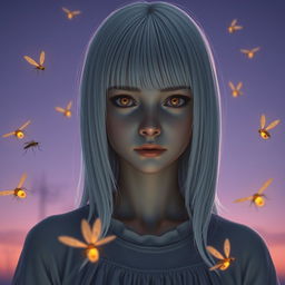 An eighteen-year-old girl with straight white shoulder-length hair and amber eyes, exhibiting a lifeless gaze and pale skin, without a smile