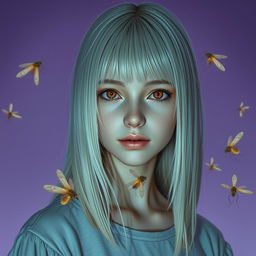 An eighteen-year-old girl with straight white shoulder-length hair and amber eyes, exhibiting a lifeless gaze and pale skin, without a smile