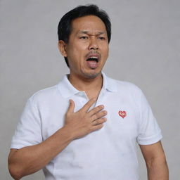 A 50-year-old Malay man, clad in a white polo t-shirt, stands gasping for breath. He has one hand clutched at his chest, clearly in the midst of a heart attack. The entire scene is set against a neutral background.