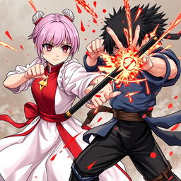 A fierce and powerful 12-year-old empress named Sakura, with captivating red eyes and a cute face featuring small lips and a small nose, her short hair framing her determined expression
