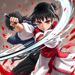 A fierce and powerful 12-year-old empress named Sakura, with captivating red eyes and a cute face featuring small lips and a small nose, her short hair framing her determined expression