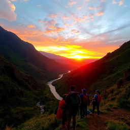 A scenic view of the Baju Aroyyan mountain range during a trip, showcasing a beautiful sunset with vibrant colors illuminating the sky