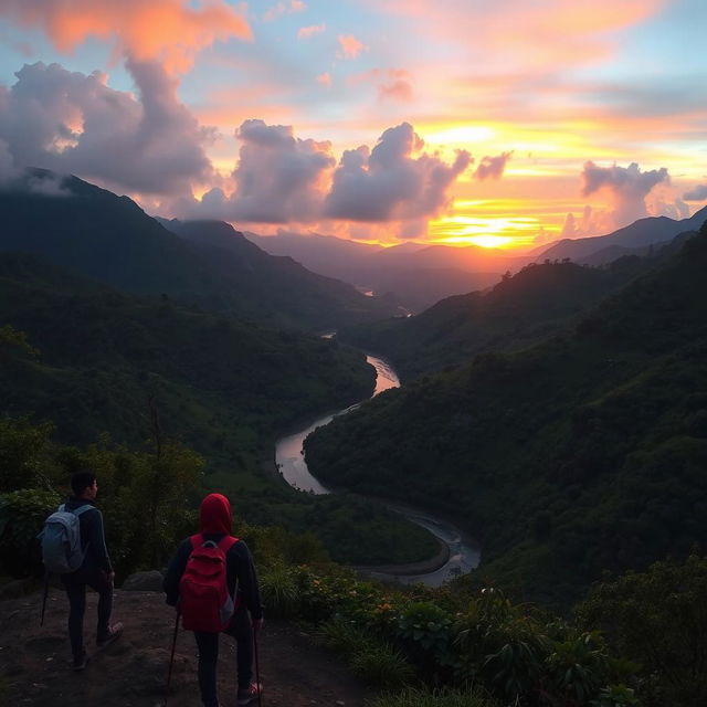 A scenic view of the Baju Aroyyan mountain range during a trip, showcasing a beautiful sunset with vibrant colors illuminating the sky