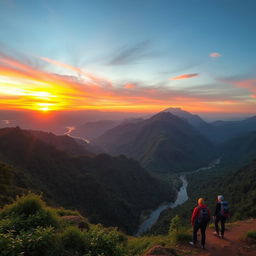 A scenic view of the Baju Aroyyan mountain range during a trip, showcasing a beautiful sunset with vibrant colors illuminating the sky
