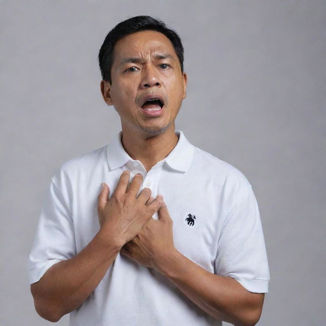 A 50-year-old Malay man, clad in a white polo t-shirt, stands gasping for breath. He has one hand clutched at his chest, clearly in the midst of a heart attack. The entire scene is set against a neutral background.