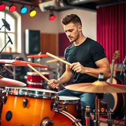 A handsome man playing a drum set in a vibrant music studio, showcasing his skill and passion for drumming