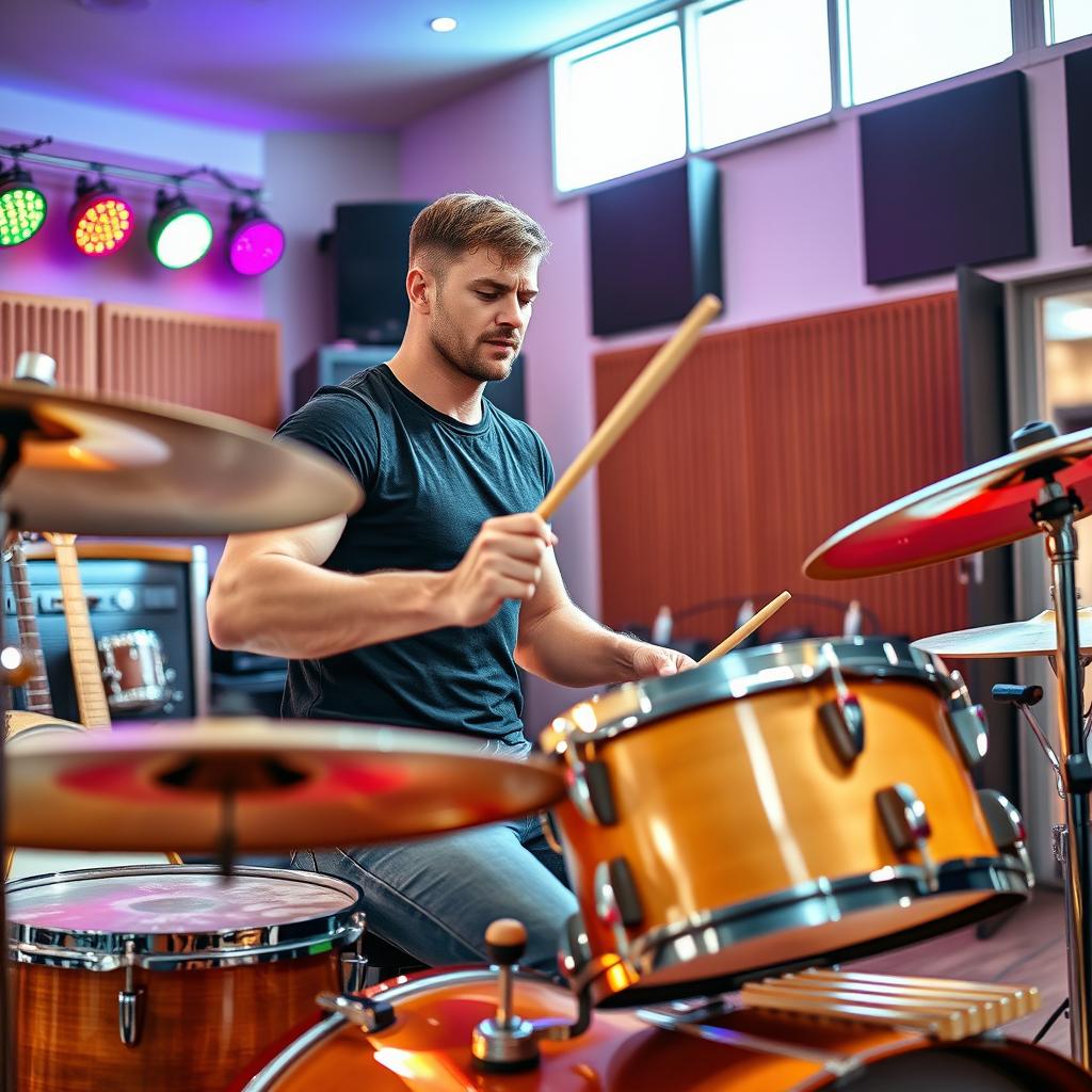 A handsome man playing a drum set in a vibrant music studio, showcasing his skill and passion for drumming