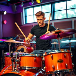 A handsome man playing a drum set in a vibrant music studio, showcasing his skill and passion for drumming