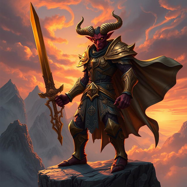 A powerful tiefling paladin standing heroically on a rocky cliff edge during a sunset, their ornate armor gleaming in golden hues