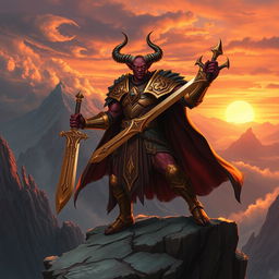 A powerful tiefling paladin standing heroically on a rocky cliff edge during a sunset, their ornate armor gleaming in golden hues