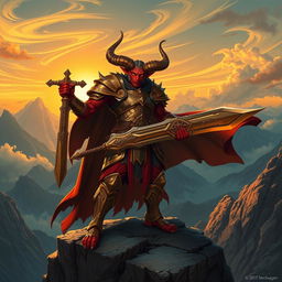 A powerful tiefling paladin standing heroically on a rocky cliff edge during a sunset, their ornate armor gleaming in golden hues