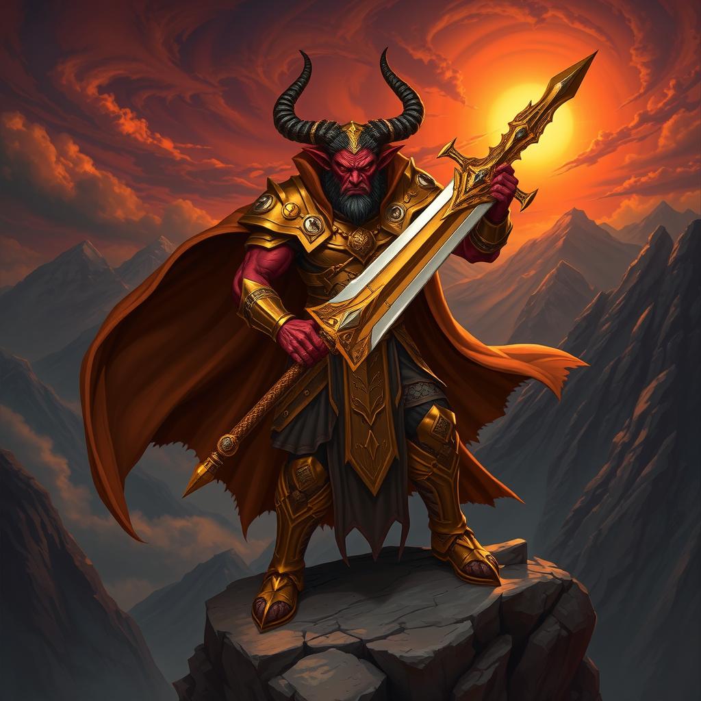 A powerful tiefling paladin standing heroically on a rocky cliff edge during a sunset, their ornate armor gleaming in golden hues