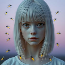 An 18-year-old girl with straight shoulder-length white hair and amber eyes, exhibiting a lifeless gaze, pale skin, and no smile