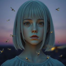 An 18-year-old girl with straight shoulder-length white hair and amber eyes, exhibiting a lifeless gaze, pale skin, and no smile