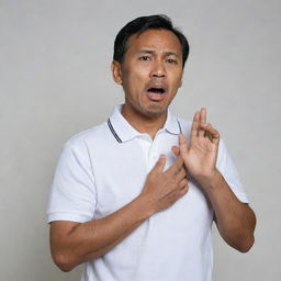 A 50-year-old Malay man, in a white polo t-shirt, stands aghast, gasping for breath, his face displaying an expression of sadness. One hand with all five fingers splayed is at his chest, experiencing a heart attack, set against a neutral background.