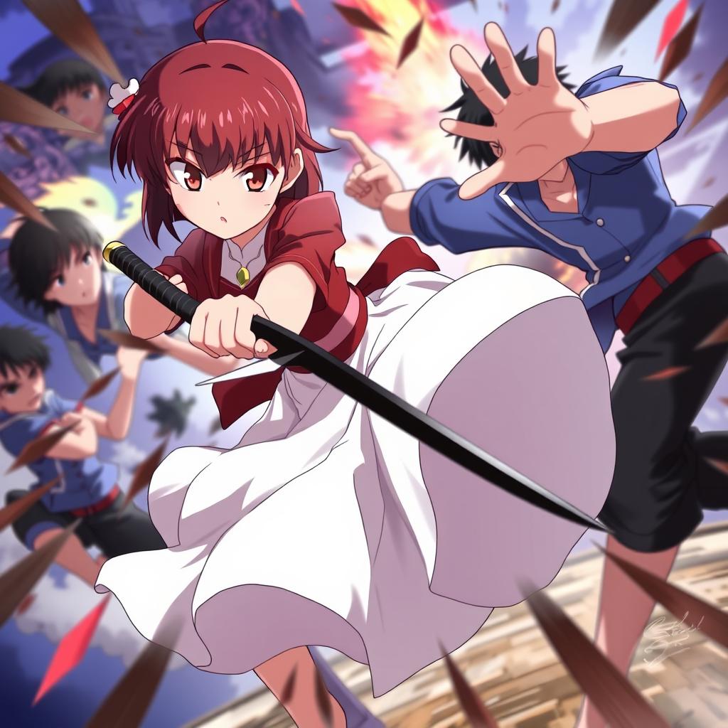 A dynamic anime scene featuring a 12-year-old empress named Sakura, known for her strength and power