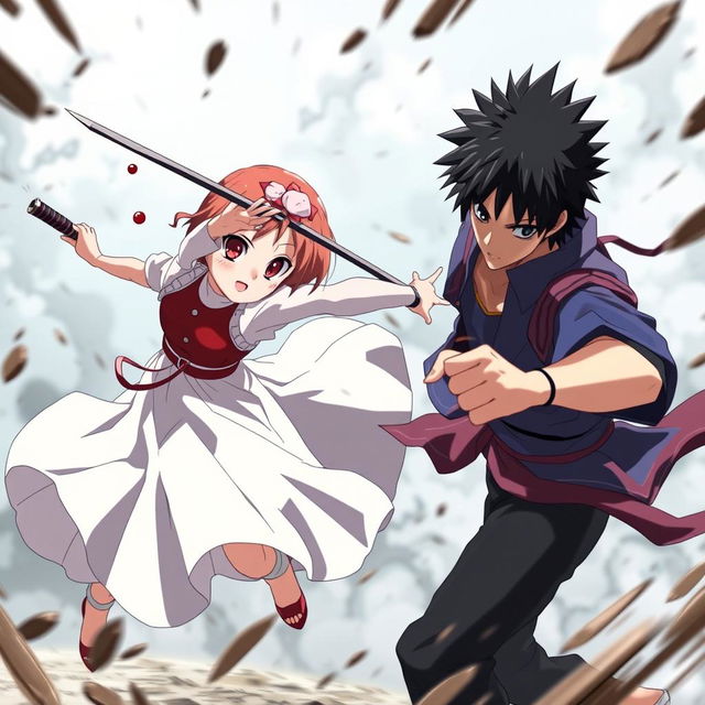 A dynamic anime scene featuring a 12-year-old empress named Sakura, known for her strength and power