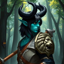 An adult tiefling paladin character from D&D, with vibrant turquoise skin and large black horns towering on their head