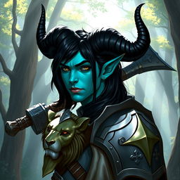 An adult tiefling paladin character from D&D, with vibrant turquoise skin and large black horns towering on their head