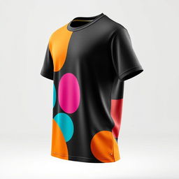 Design a modern fashion t-shirt featuring abstract shapes and vibrant colors, showcasing a stylish side view of the shirt