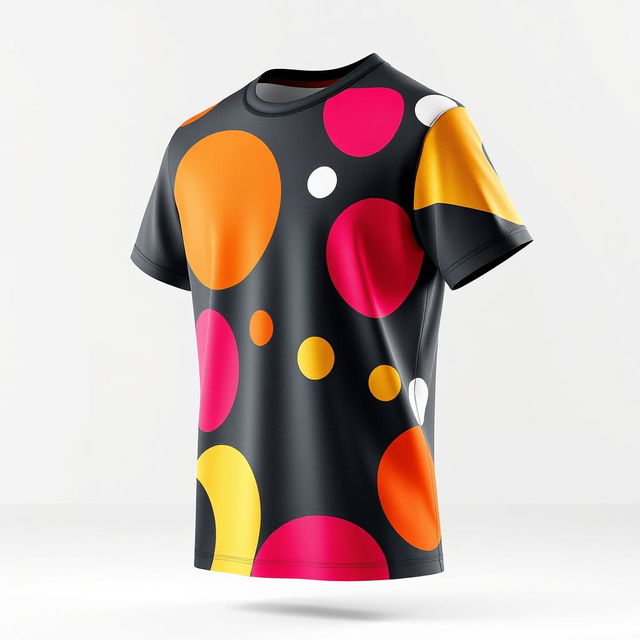 Design a modern fashion t-shirt featuring abstract shapes and vibrant colors, showcasing a stylish side view of the shirt