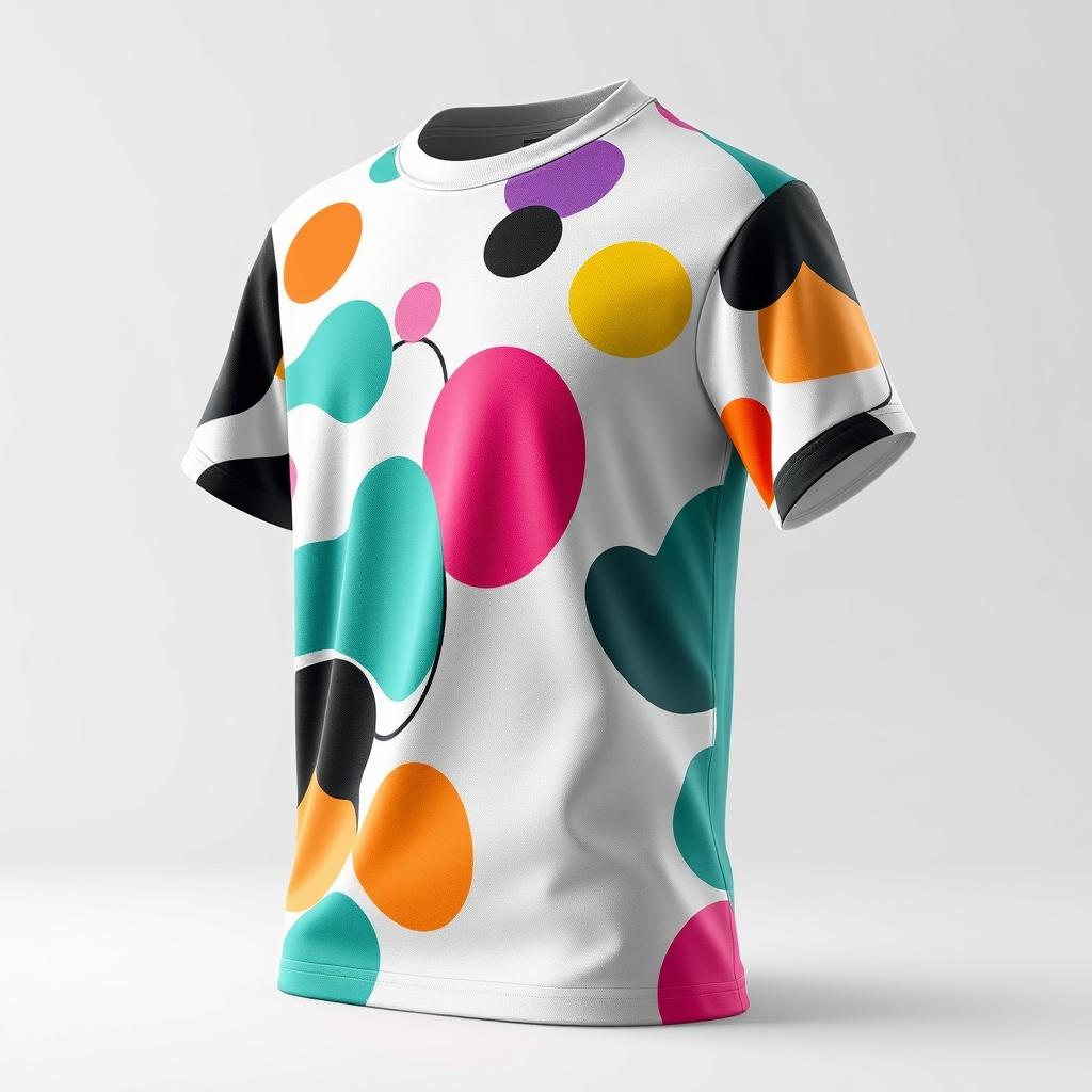 Design a modern fashion t-shirt featuring abstract shapes and vibrant colors, showcasing a stylish side view of the shirt