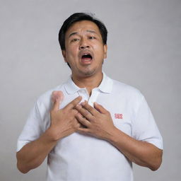 A 50-year-old Malay man, in a white polo t-shirt, stands aghast, gasping for breath, his face displaying an expression of sadness. One hand with all five fingers splayed is at his chest, experiencing a heart attack, set against a neutral background.