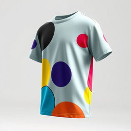 Design a modern fashion t-shirt featuring abstract shapes and vibrant colors, showcasing a stylish side view of the shirt