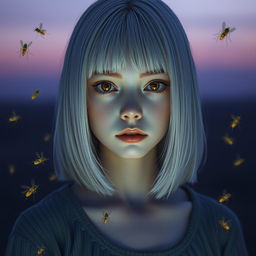 An 18-year-old girl with straight shoulder-length white hair and amber eyes, exhibiting a lifeless gaze, pale skin, and no smile