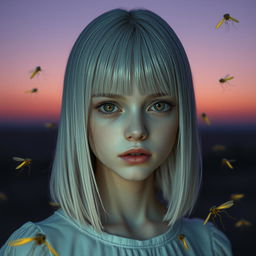 An 18-year-old girl with straight shoulder-length white hair and amber eyes, exhibiting a lifeless gaze, pale skin, and no smile