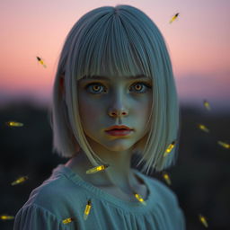 An 18-year-old girl with straight shoulder-length white hair and amber eyes, exhibiting a lifeless gaze, pale skin, and no smile