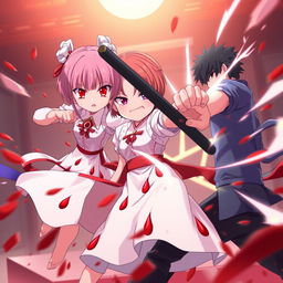 A strong and powerful 12-year-old empress named Sakura, featuring radiant red eyes, a cute face with small lips and a small nose, and short hair