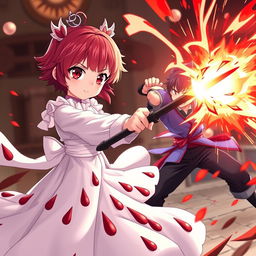 A strong and powerful 12-year-old empress named Sakura, featuring radiant red eyes, a cute face with small lips and a small nose, and short hair
