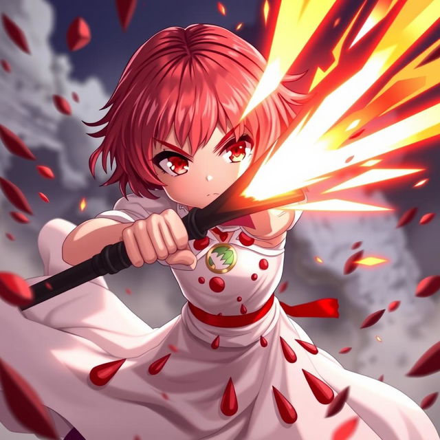 A strong and powerful 12-year-old empress named Sakura, featuring radiant red eyes, a cute face with small lips and a small nose, and short hair