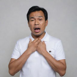 A 50-year-old Malay man, in a white polo t-shirt, stands aghast, gasping for breath, his face displaying an expression of sadness. One hand with all five fingers splayed is at his chest, experiencing a heart attack, set against a neutral background.