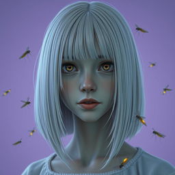 An eighteen-year-old girl with straight white shoulder-length hair, amber eyes that convey a deadpan look, and pale skin, without a smile, set against a lavender background resembling dawn