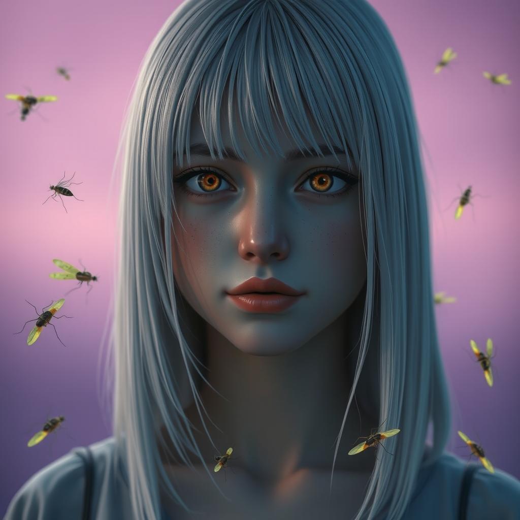 An eighteen-year-old girl with straight white shoulder-length hair, amber eyes that convey a deadpan look, and pale skin, without a smile, set against a lavender background resembling dawn