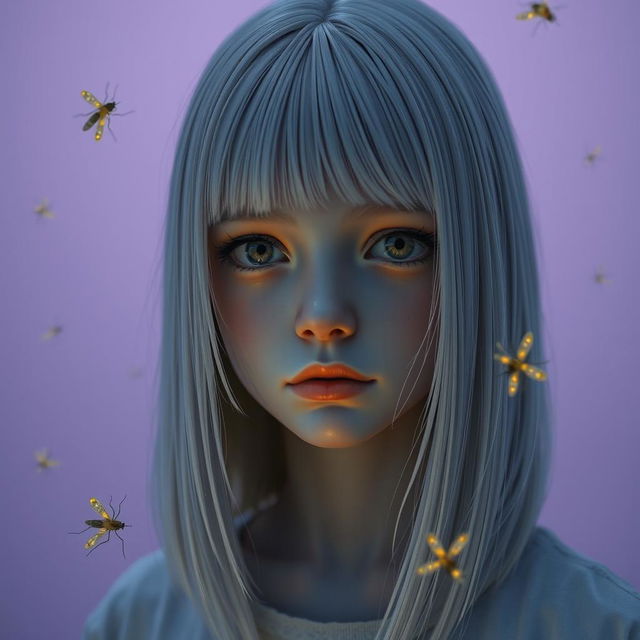 An eighteen-year-old girl with straight white shoulder-length hair, amber eyes that convey a deadpan look, and pale skin, without a smile, set against a lavender background resembling dawn