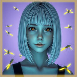 An eighteen-year-old girl with straight white shoulder-length hair, amber eyes that convey a deadpan look, and pale skin, without a smile, set against a lavender background resembling dawn