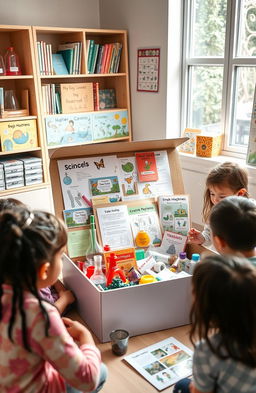 A visually engaging classroom scene focused on a science box filled with various educational materials tailored for a new lower curriculum