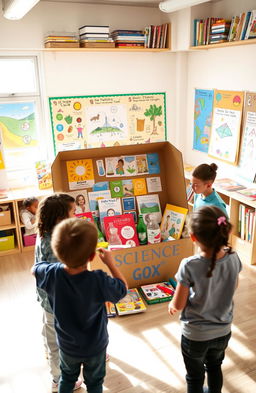 A visually engaging classroom scene focused on a science box filled with various educational materials tailored for a new lower curriculum