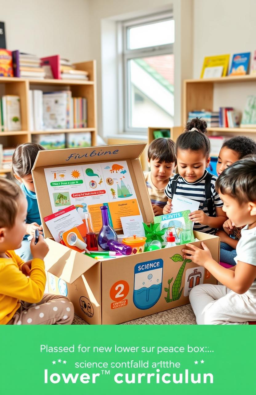 A visually engaging classroom scene focused on a science box filled with various educational materials tailored for a new lower curriculum