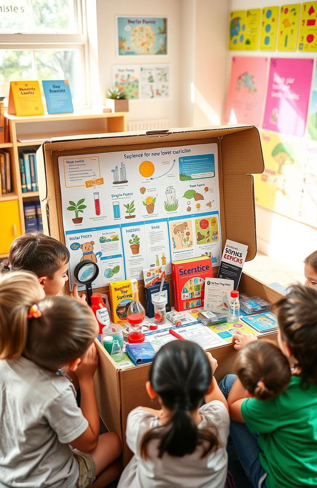 A visually engaging classroom scene focused on a science box filled with various educational materials tailored for a new lower curriculum