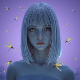 An eighteen-year-old girl with straight white shoulder-length hair, amber eyes that convey a deadpan look, and pale skin, without a smile, set against a lavender background resembling dawn