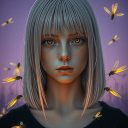 An eighteen-year-old girl with straight white shoulder-length hair, amber eyes that convey a deadpan look, and pale skin, without a smile, set against a lavender background resembling dawn