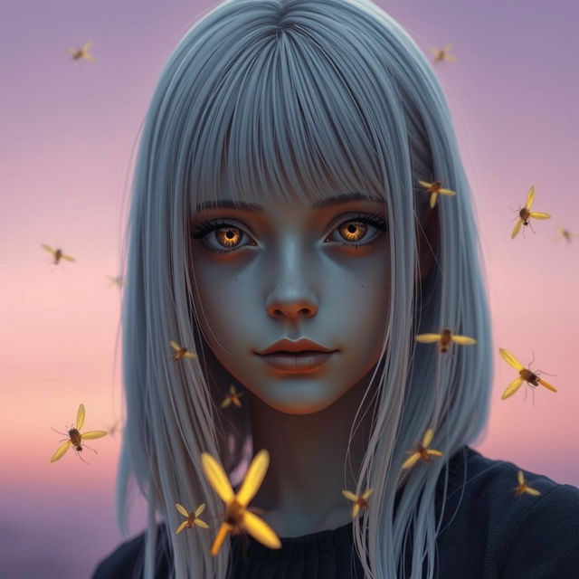 An eighteen-year-old girl with straight white shoulder-length hair, amber eyes that convey a deadpan look, and pale skin, without a smile, set against a lavender background resembling dawn