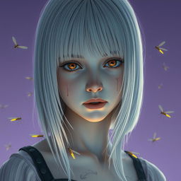 An eighteen-year-old girl with straight white shoulder-length hair, amber eyes that convey a deadpan look, and pale skin, without a smile, set against a lavender background resembling dawn