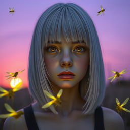 An 18-year-old girl with straight white shoulder-length hair and amber eyes, displaying a deadpan expression and pale skin, set against a lavender-colored background depicting a sunrise