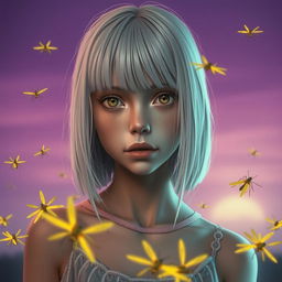 An 18-year-old girl with straight white shoulder-length hair and amber eyes, displaying a deadpan expression and pale skin, set against a lavender-colored background depicting a sunrise