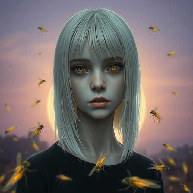 An 18-year-old girl with straight white shoulder-length hair and amber eyes, displaying a deadpan expression and pale skin, set against a lavender-colored background depicting a sunrise